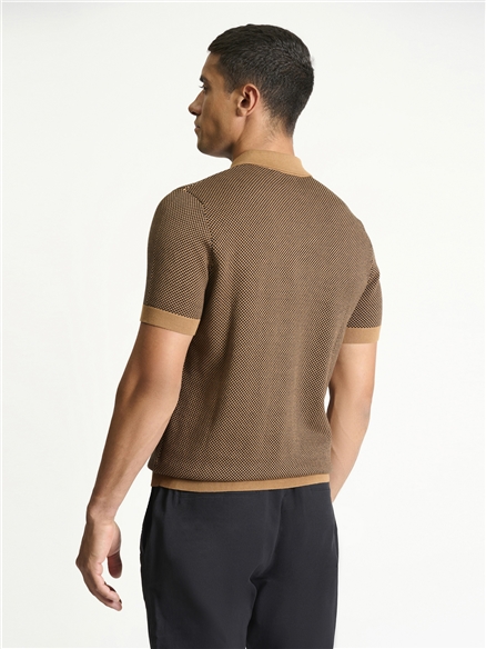 Two Tone Button Through Knitted Polo in Camel