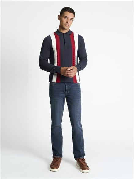 Long Sleeve Vertical Stripe Polo in Dark Navy