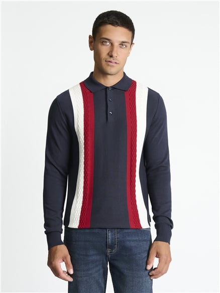 Long Sleeve Vertical Stripe Polo in Dark Navy