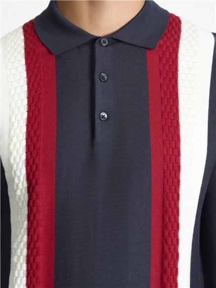 Long Sleeve Vertical Stripe Polo in Dark Navy