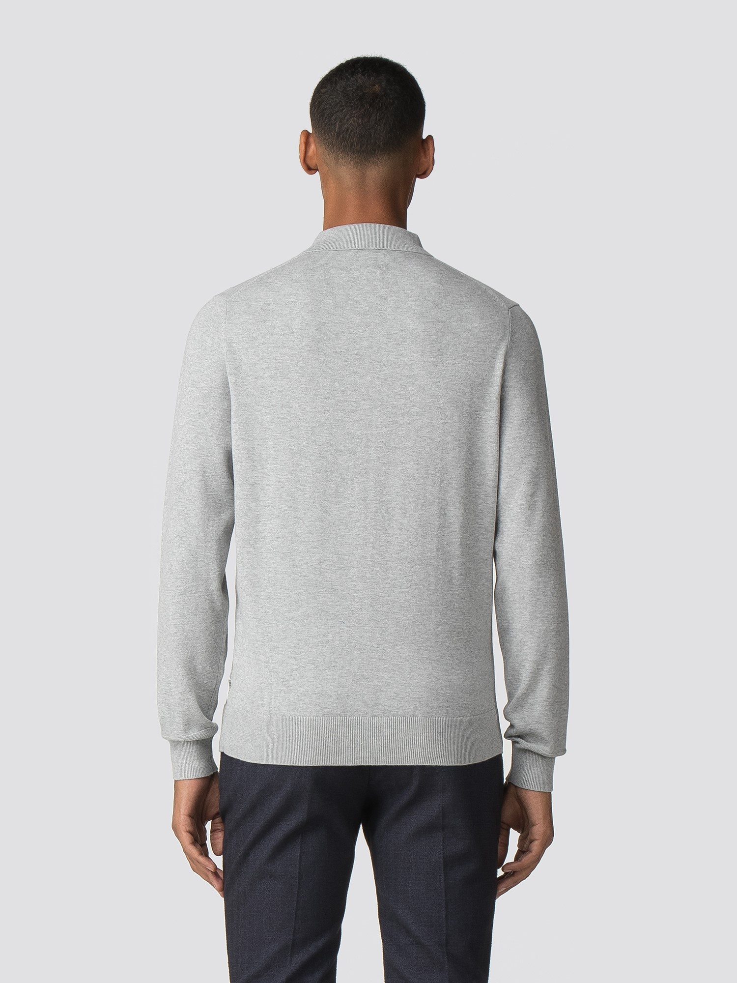 Mid Grey Marl Cotton Long Sleeve Polo