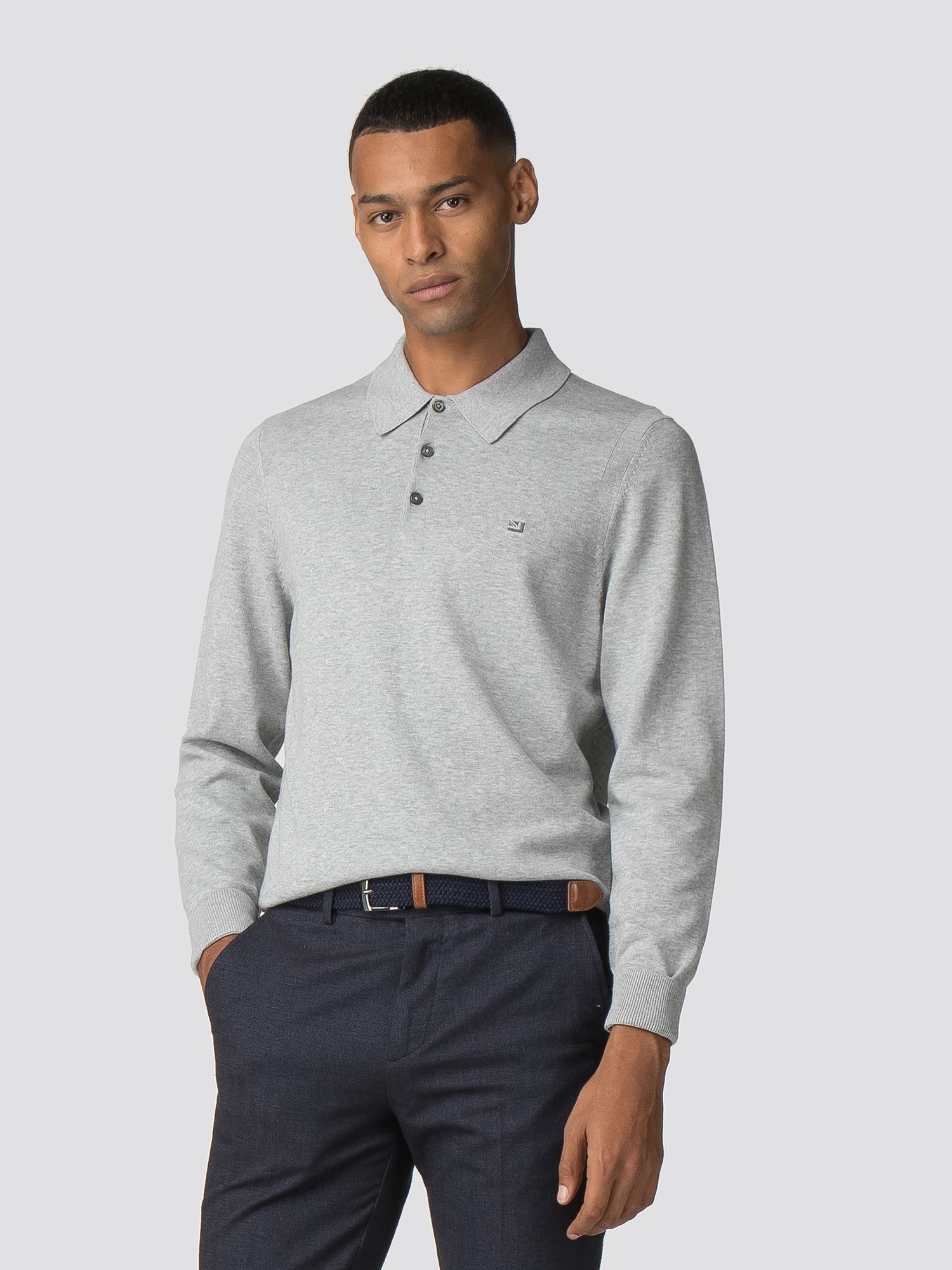 Mid Grey Marl Cotton Long Sleeve Polo