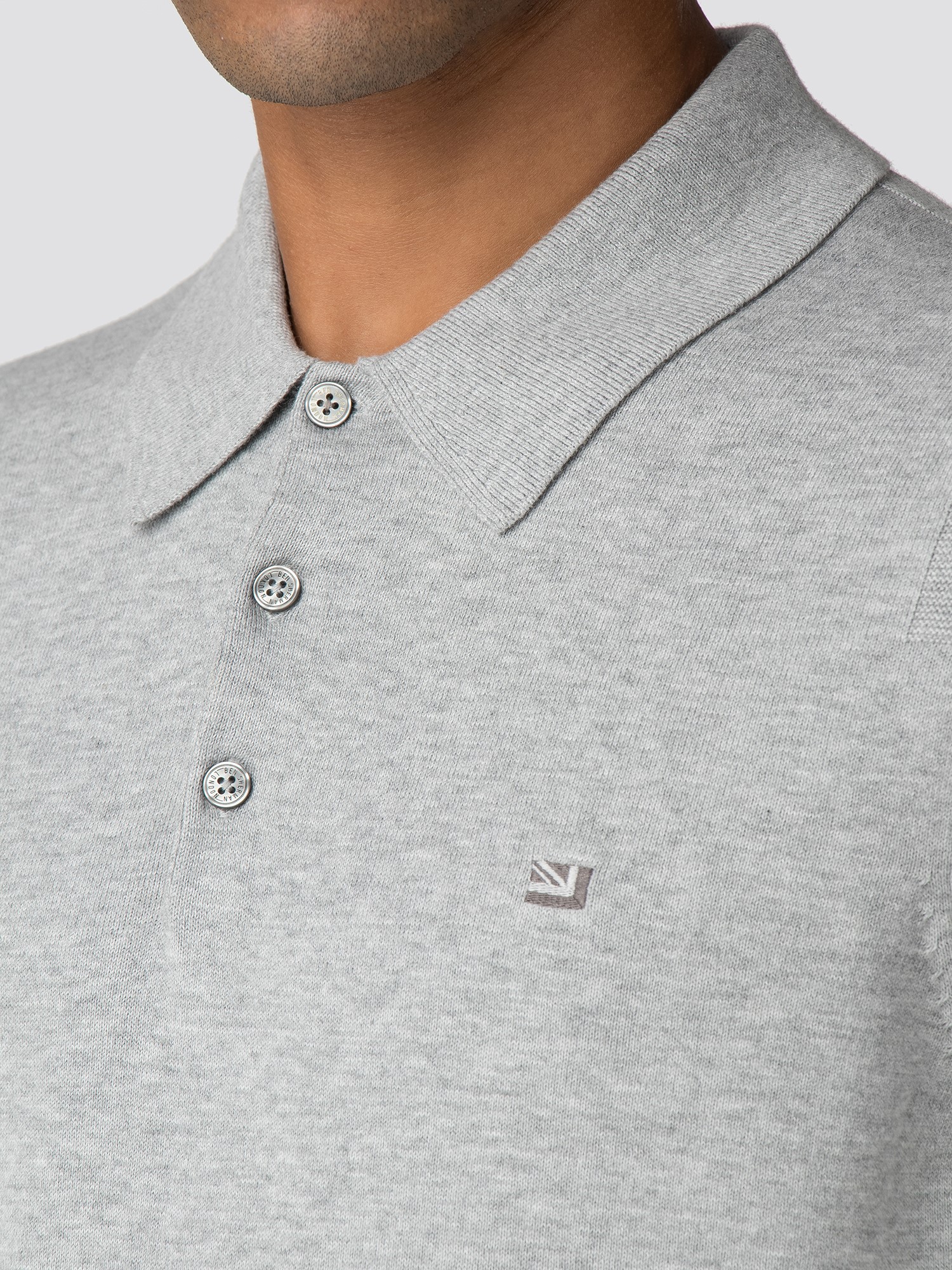 Mid Grey Marl Cotton Long Sleeve Polo