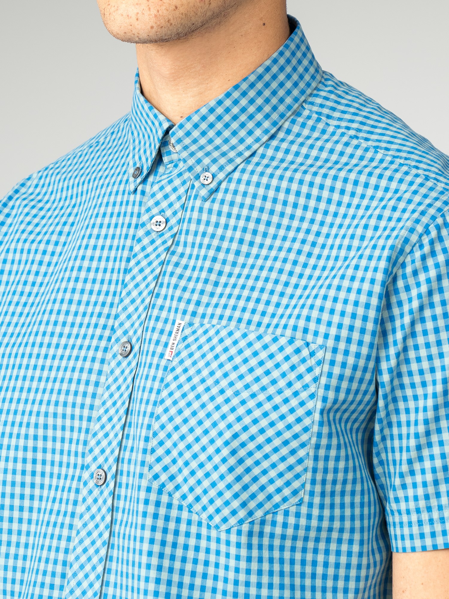 Short Sleeve Bright Blue Button Down Gingham Shirt