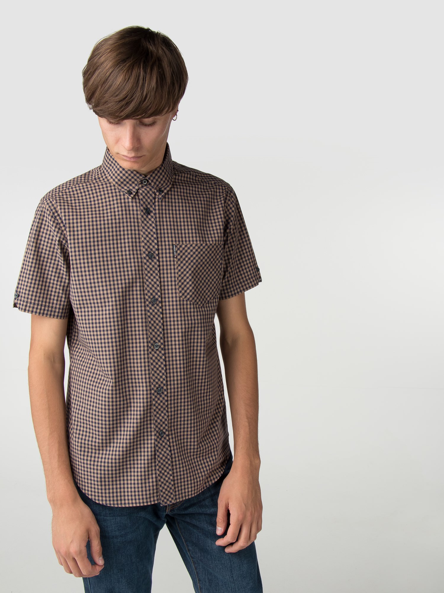 brown gingham dress shirt Green, Tan, Yellow, Cream, and Black Plaid Chore Dress with Flutter Sl –  Made X Hudson main image 1