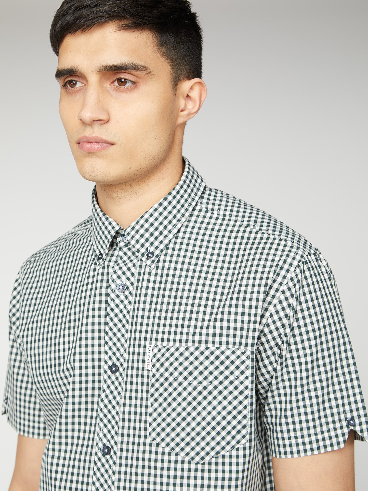 Short Sleeve Dark Green Button Down Gingham Shirt