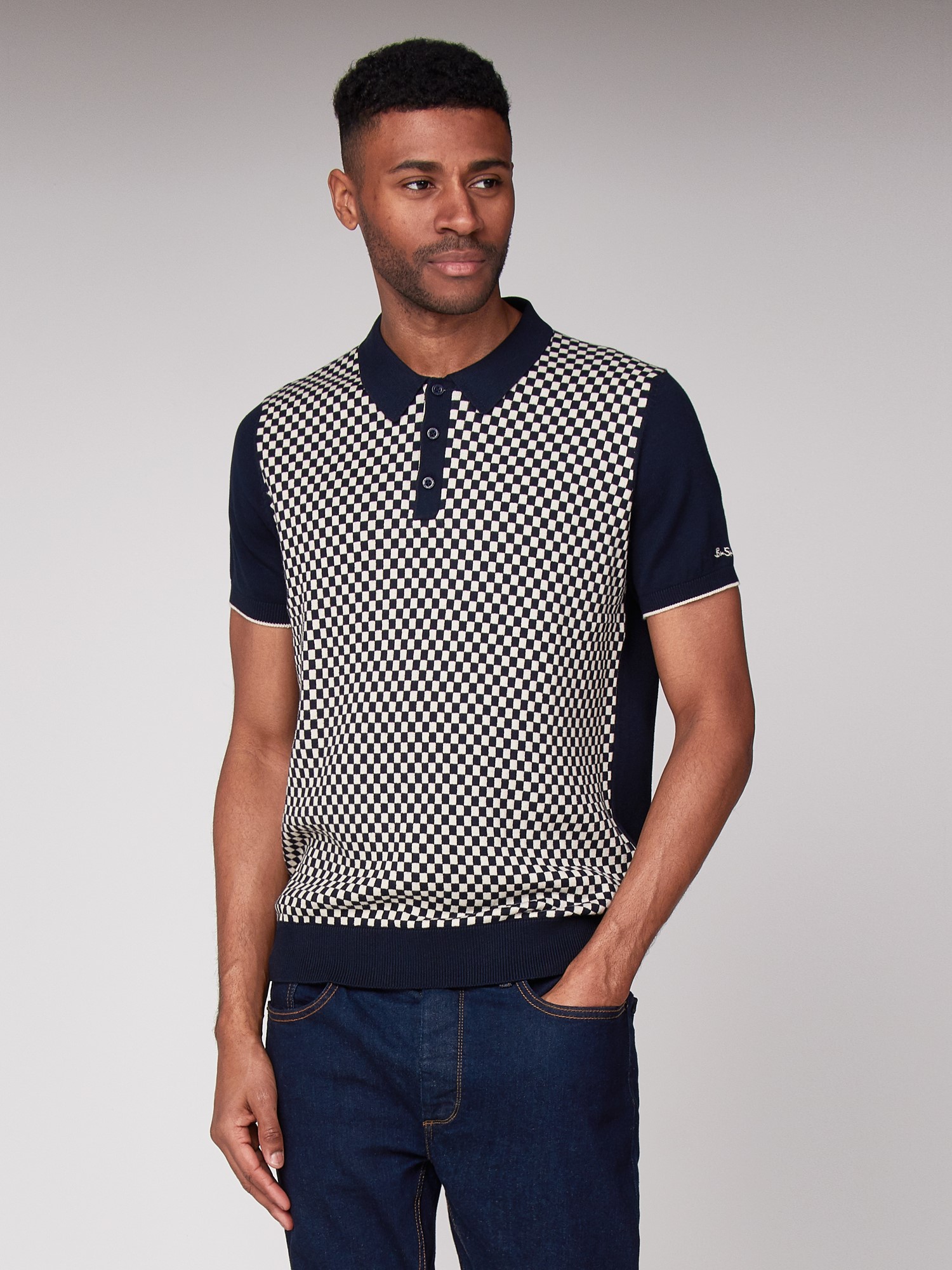 Navy & White Checkerboard Knitted Polo Shirt