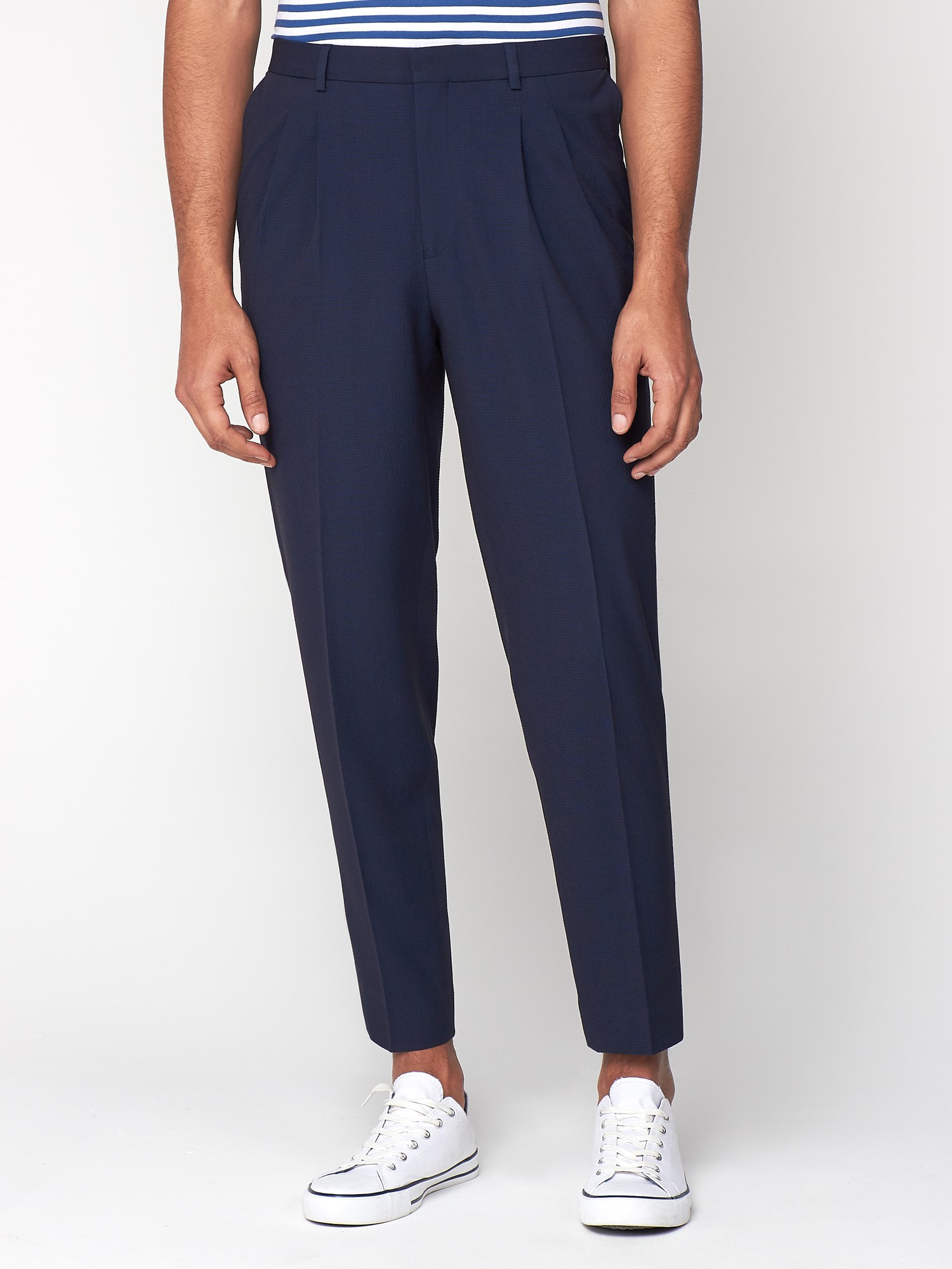 Navy Seersucker Relaxed Trousers