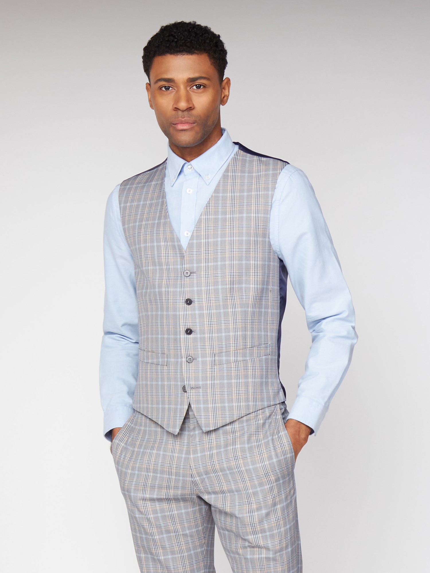 Grey Orange Bold Check Skinny Fit Waistcoat