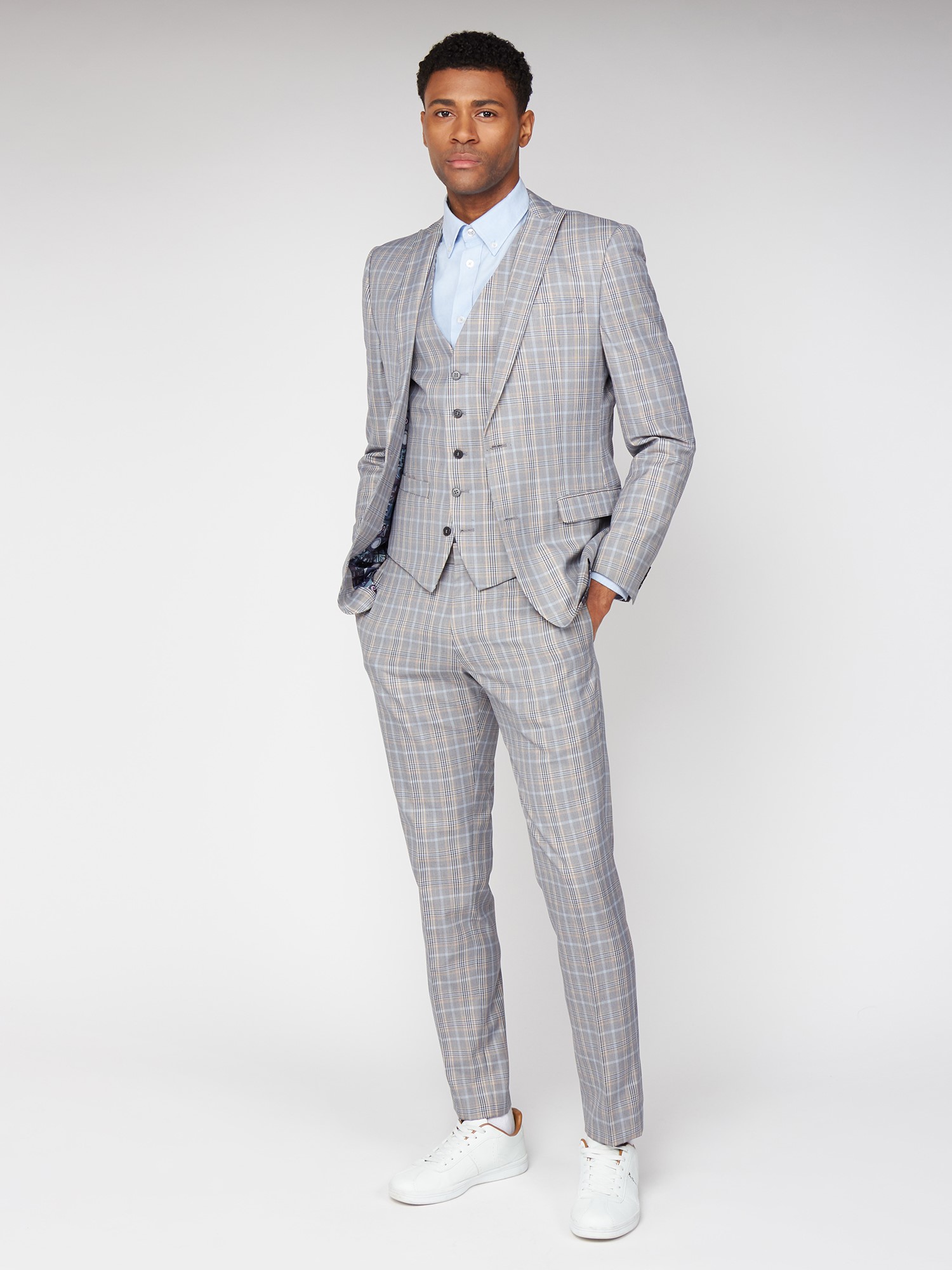 Grey Orange Bold Check Skinny Fit Suit