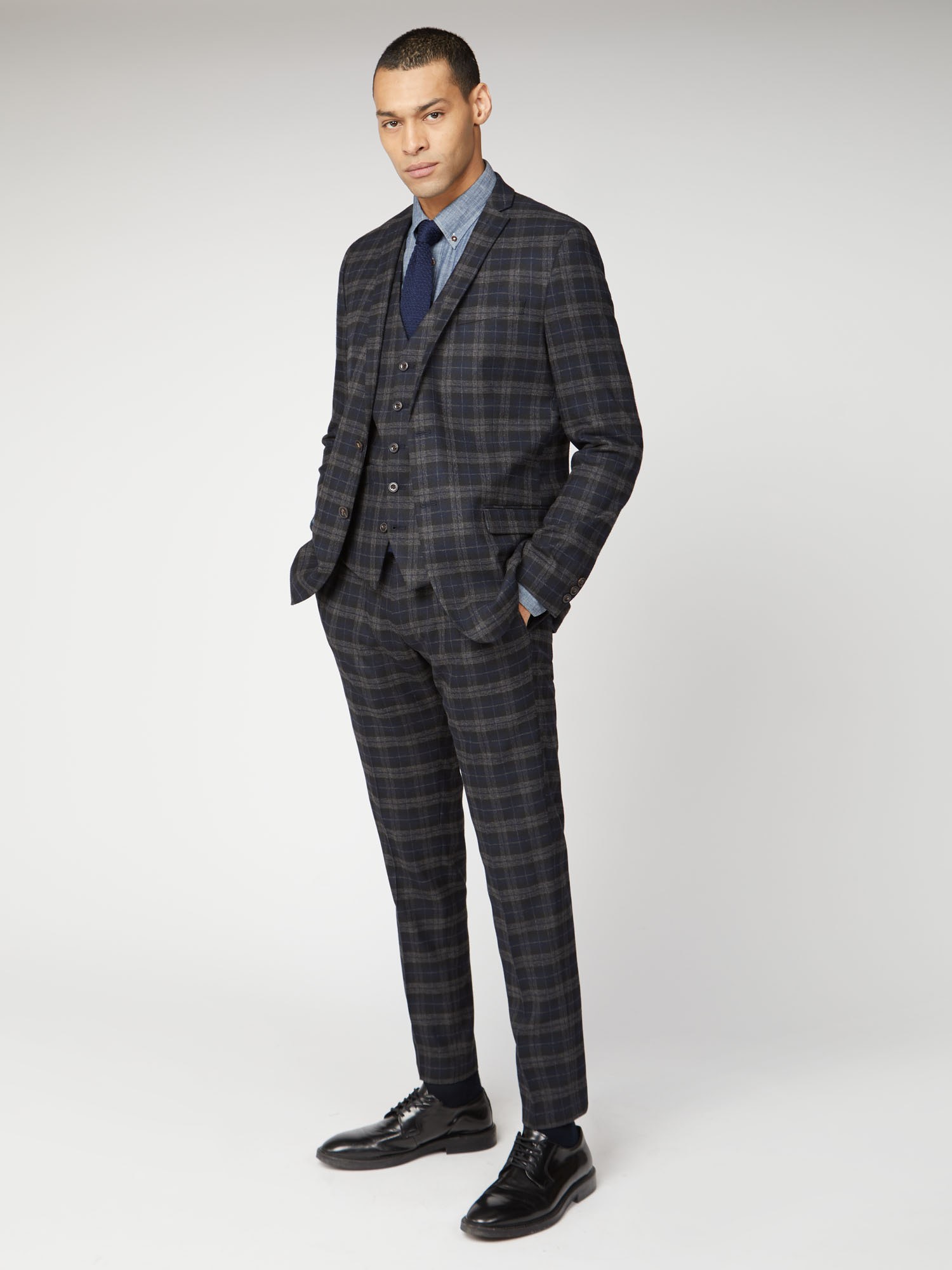 Blue Black Brushed Check Slim Fit Suit Waistcoat