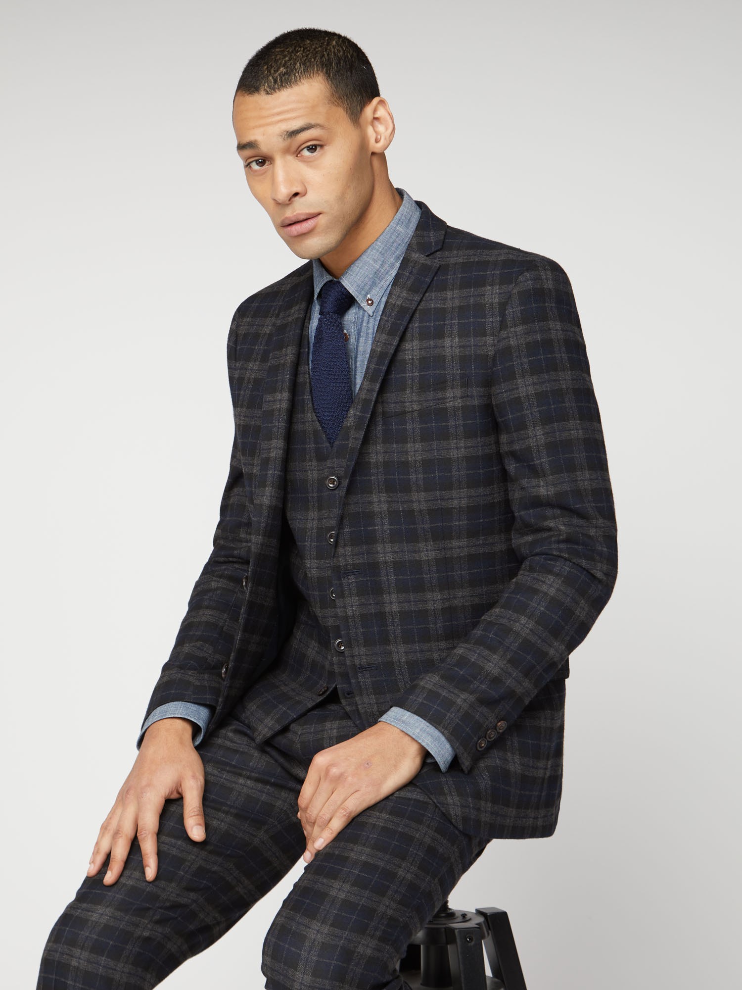 Blue Black Brushed Check Slim Fit Suit Waistcoat