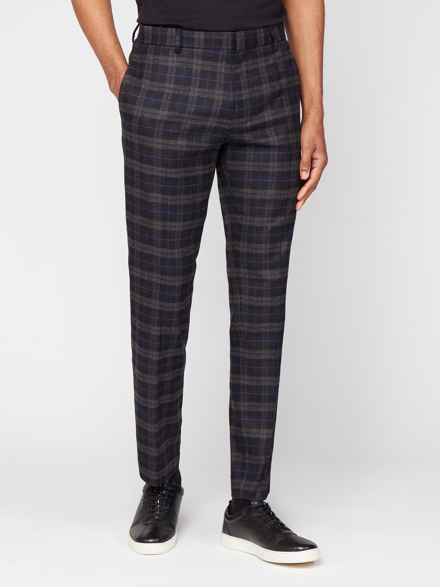 Blue Black Brushed Check Slim Fit Suit Trouser