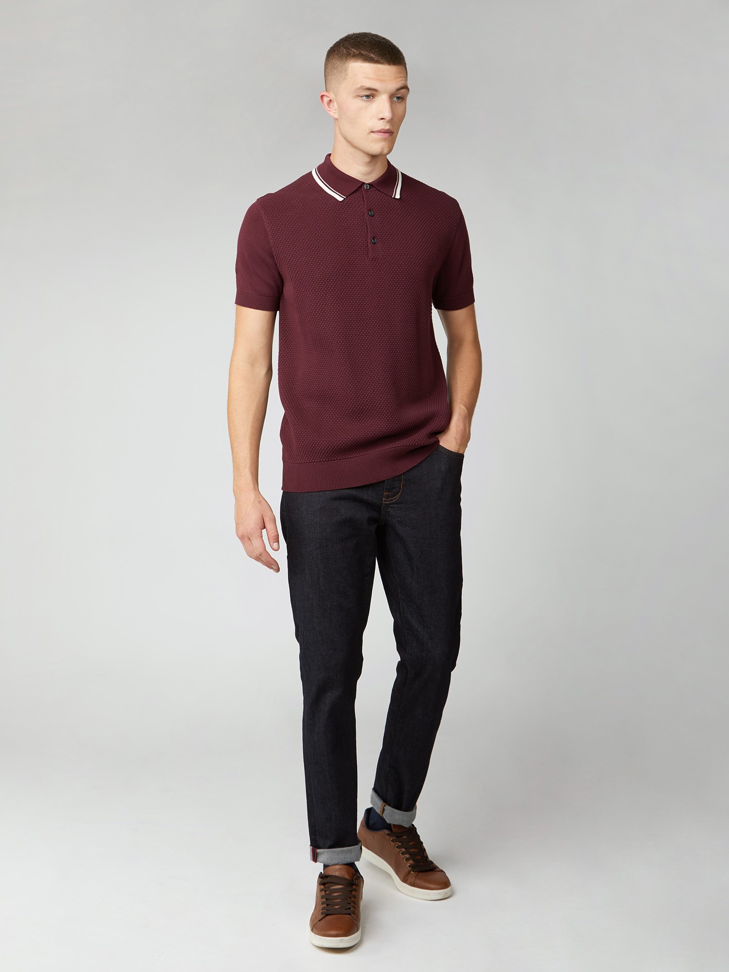 Men s Burgundy Red Knitted Polo Ben Sherman Est 1963