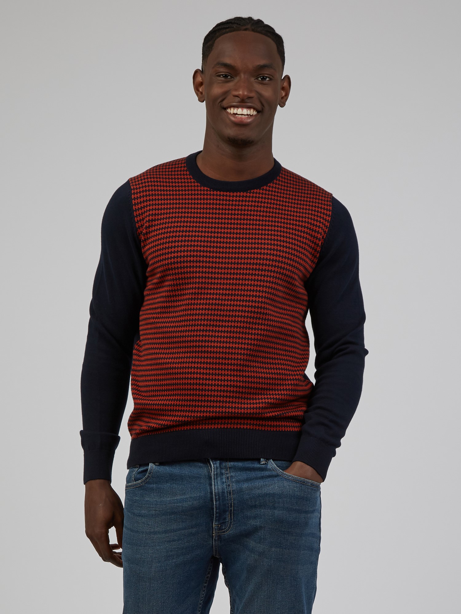 Geometric Print Crew Neck Jumper - Navy