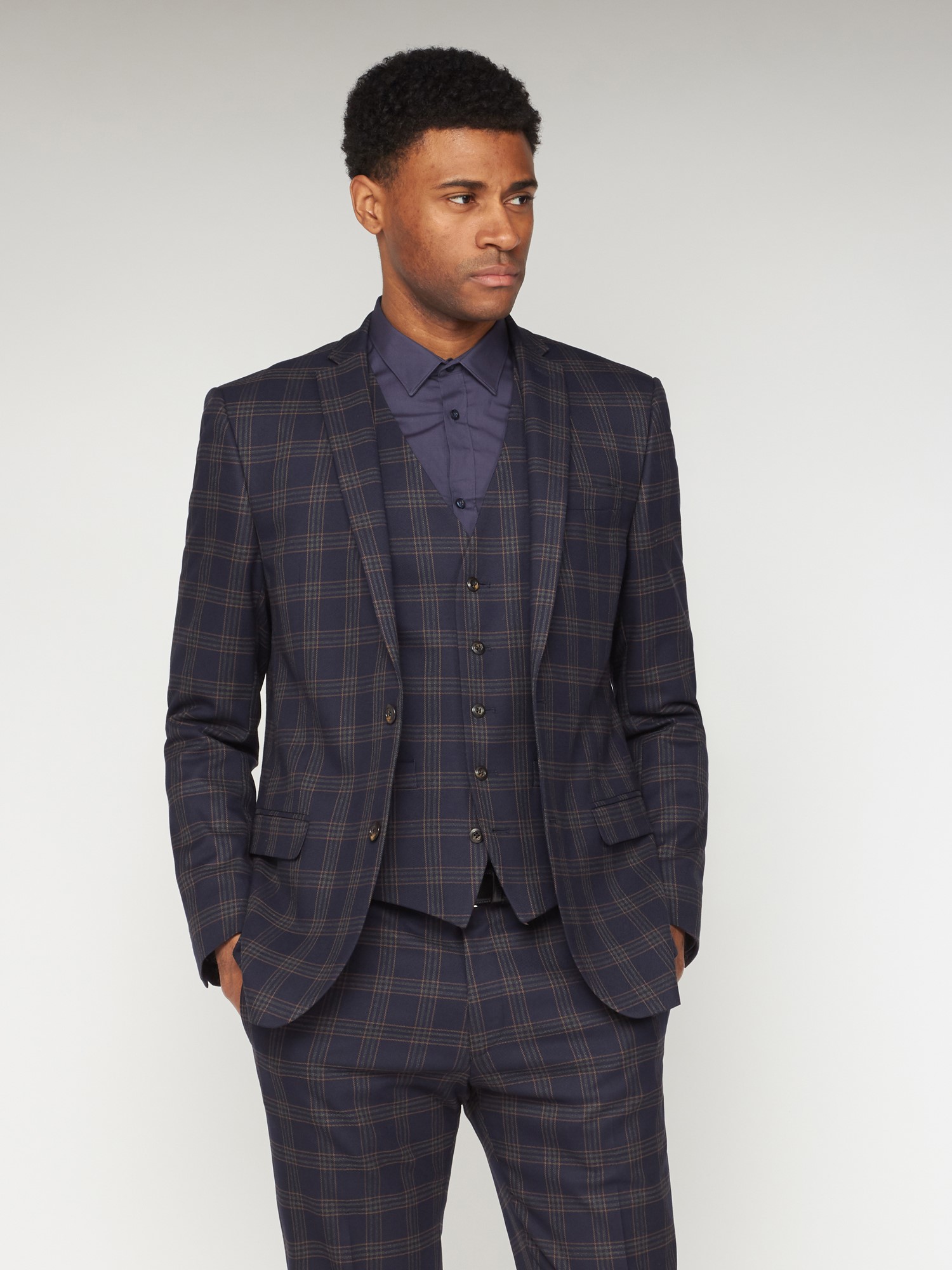 Navy Caramel Check Waistcoat