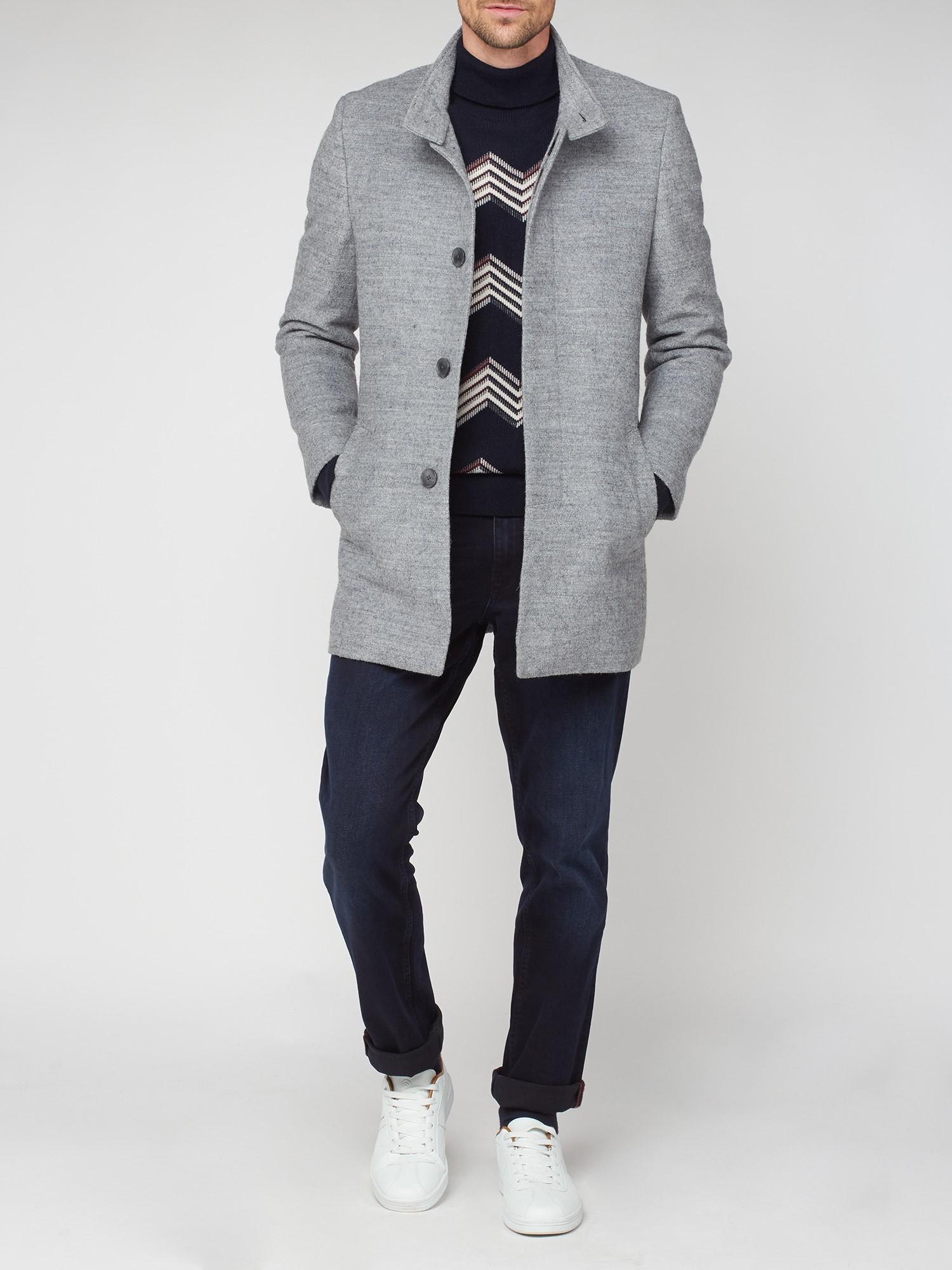 Grey Funnel Neck Car Coat