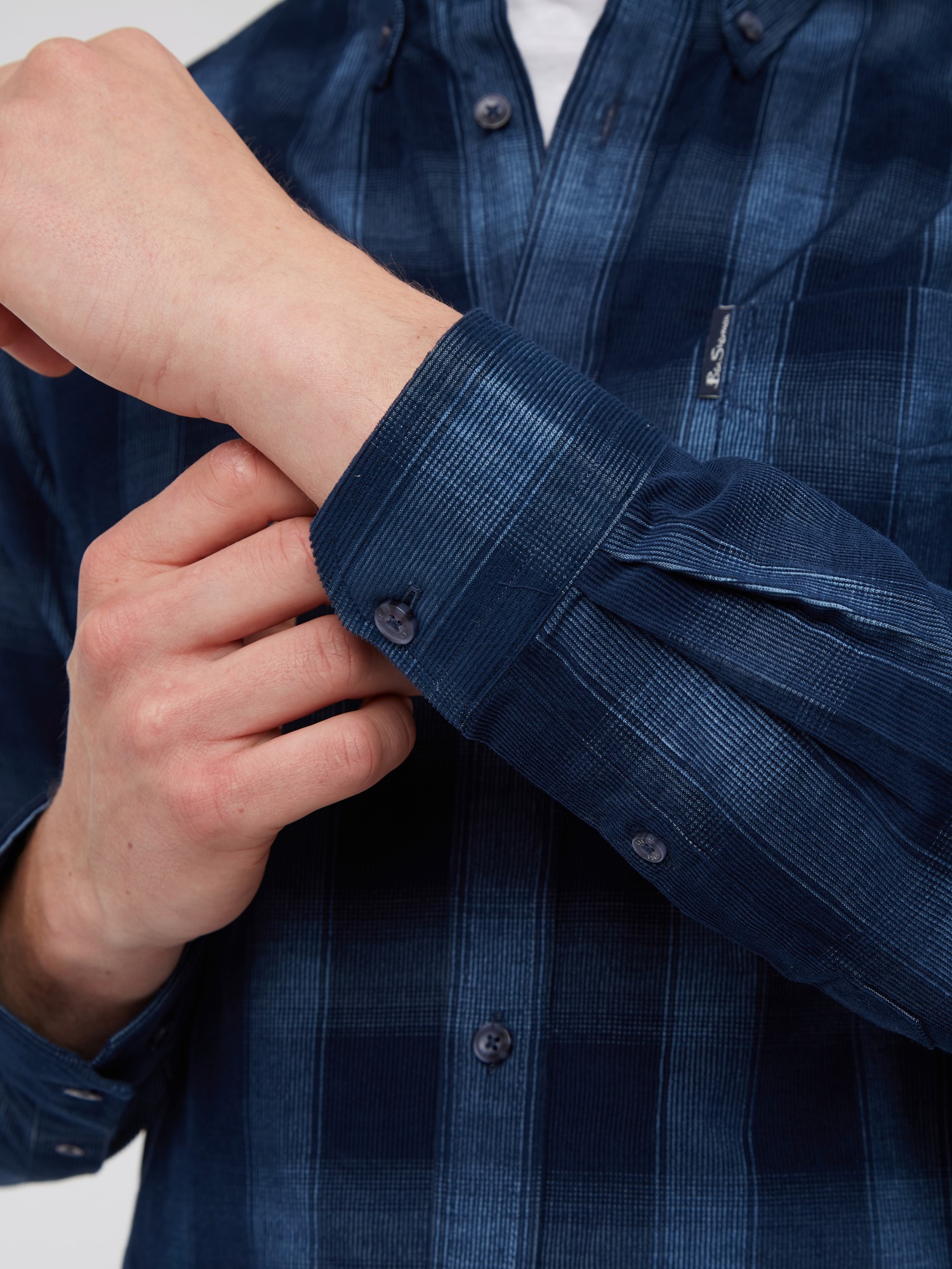 Dark Blue Printed Corduroy Ombre Check Shirt