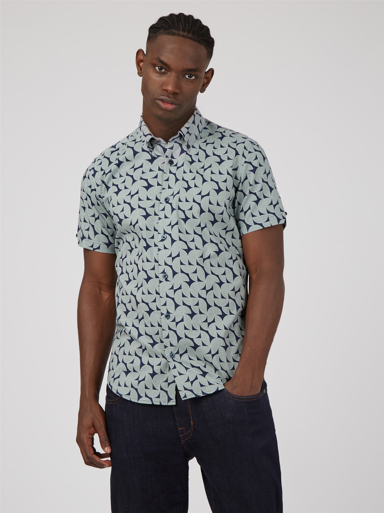 New Ben Sherman 100% Cotton Short Sleeved Geometric top Pattern Tee Shirt