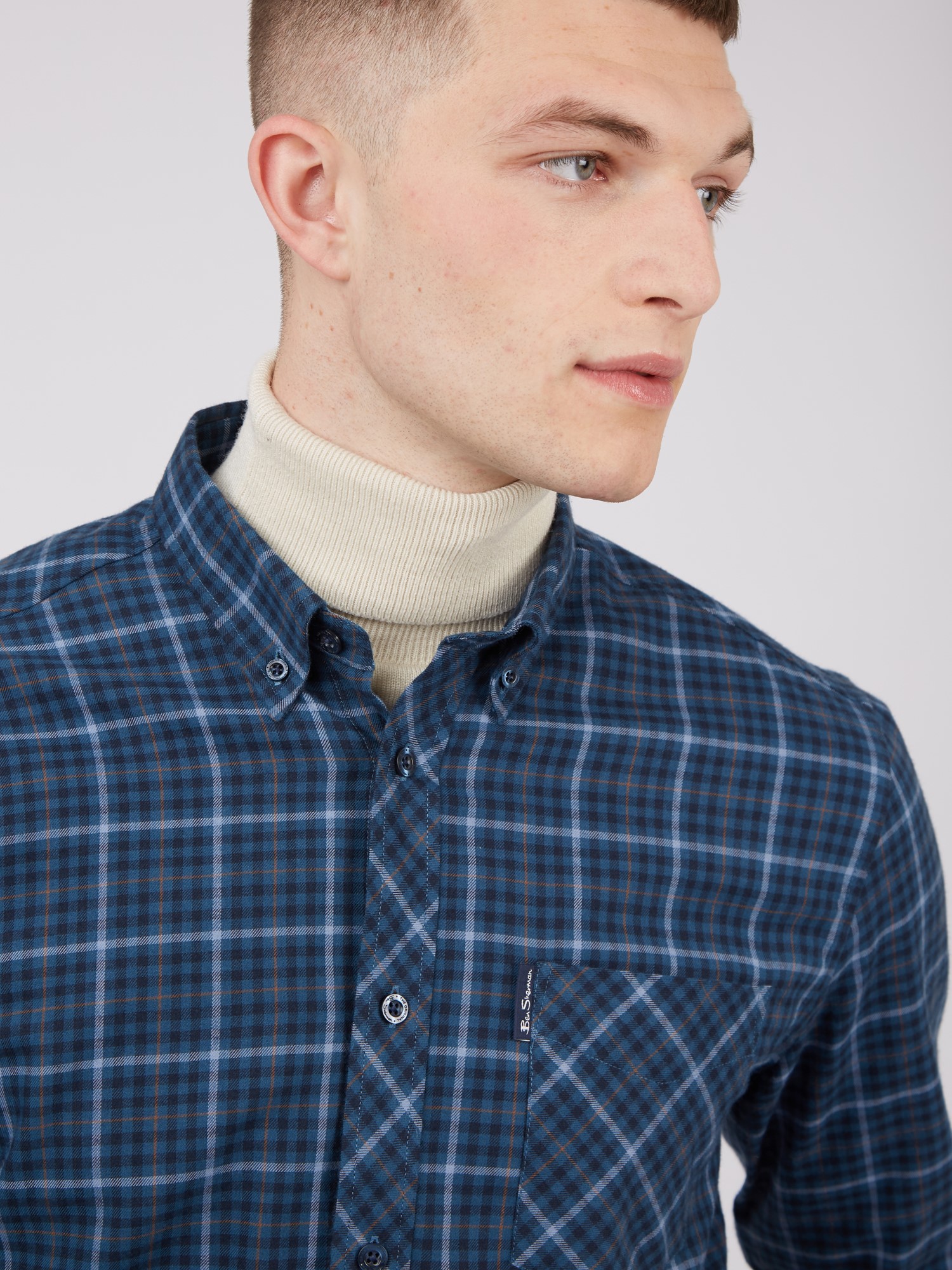 Dark Blue Long Sleeve Twill Checked Shirt