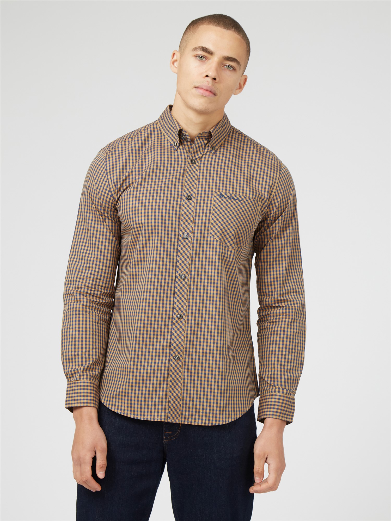 Brown gingham dress shirt on sale