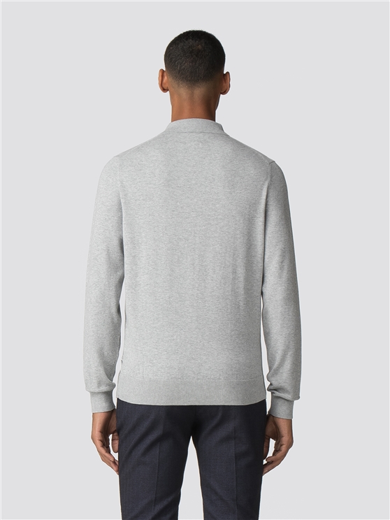 Mid Grey Marl Cotton Long Sleeve Polo