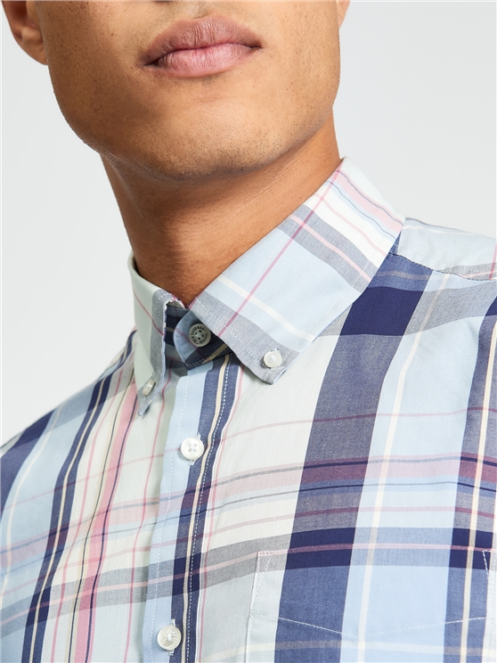 Short Sleeve Oversized Check Shirt in Blue Grey