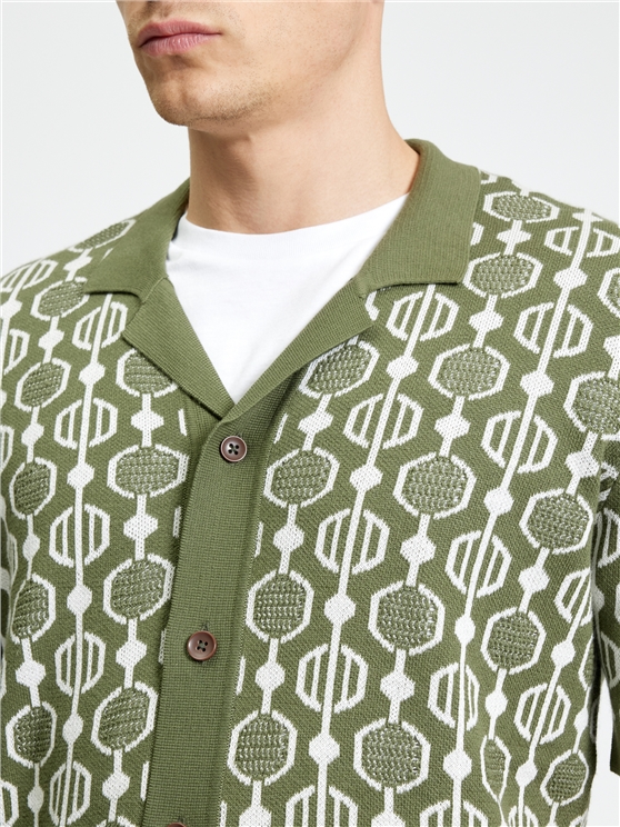Geo Jacquard Short Sleeve Button Through Shirt in Loden