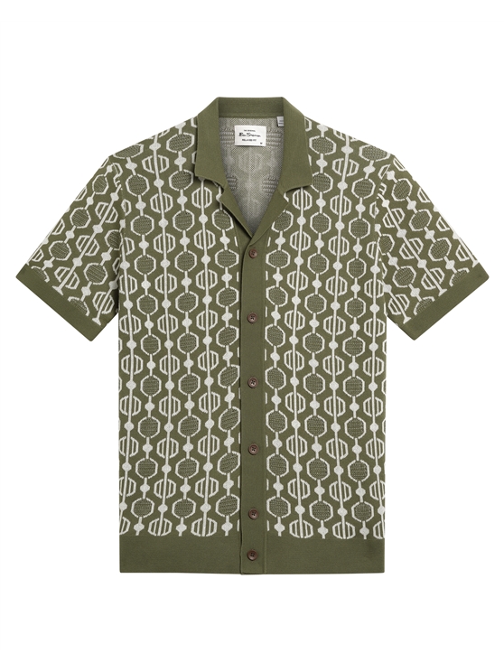Geo Jacquard Short Sleeve Button Through Shirt in Loden