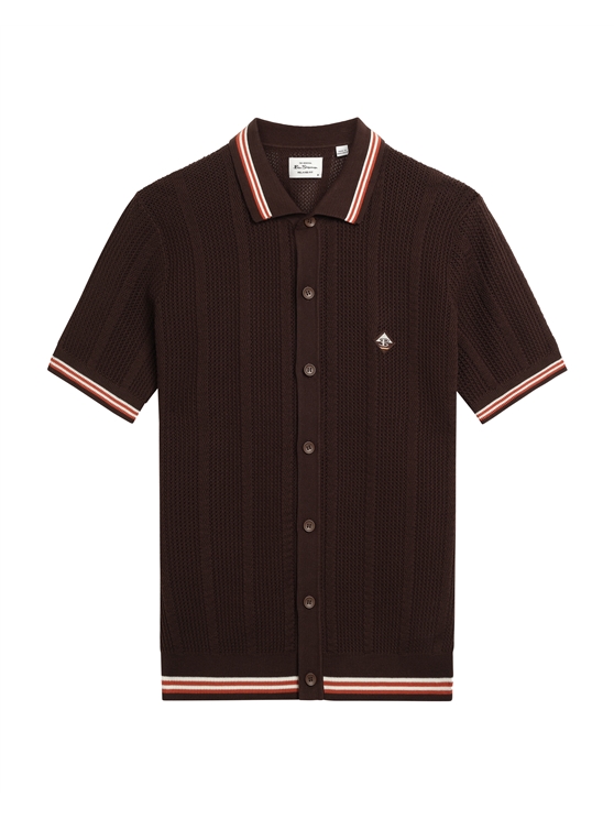 Open Texture Short Sleeve Button Through Shirt in Coffee
